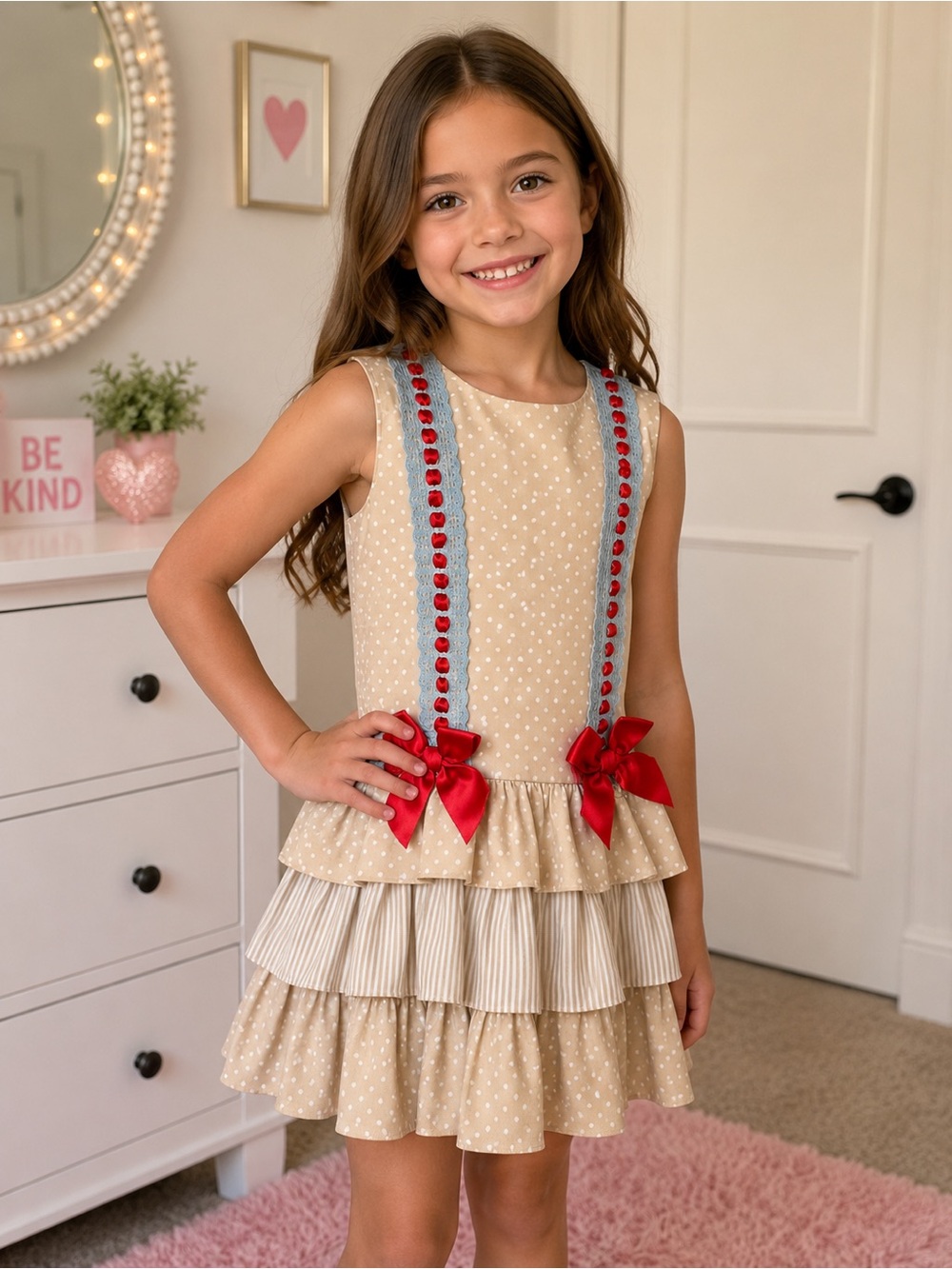 Girls Beige Polka Dot Tiered Dress with Red Bow Detail